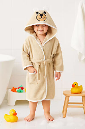 Kapşonlu Hayvan Desenli Çocuk Banyo Deniz Plaj Bornozu %100 Pamuklu 