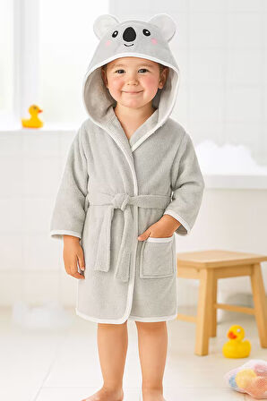 Kapşonlu Hayvan Desenli Çocuk Banyo Deniz Plaj Bornozu %100 Pamuklu 