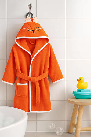 Kapşonlu Hayvan Desenli Çocuk Banyo Deniz Plaj Bornozu %100 Pamuklu 