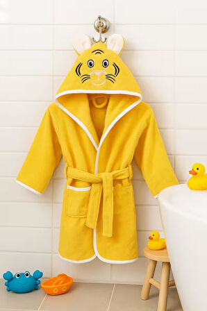 Kapşonlu Hayvan Desenli Çocuk Banyo Deniz Plaj Bornozu %100 Pamuklu 