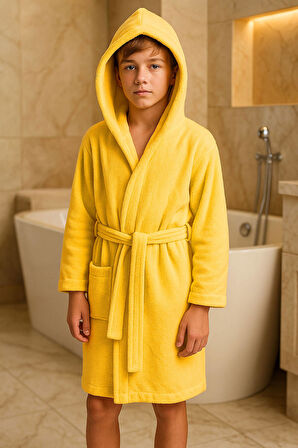 Genç Kız / Erkek Çocuk Kapşonlu Garson Boy Kadife Bornoz %100 Pamuklu