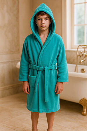 Genç Kız / Erkek Çocuk Kapşonlu Garson Boy Kadife Bornoz %100 Pamuklu