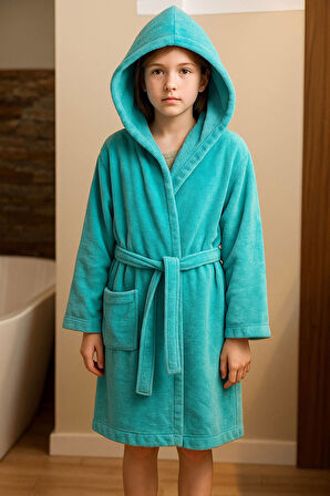 Genç Kız / Erkek Çocuk Kapşonlu Garson Boy Kadife Bornoz %100 Pamuklu