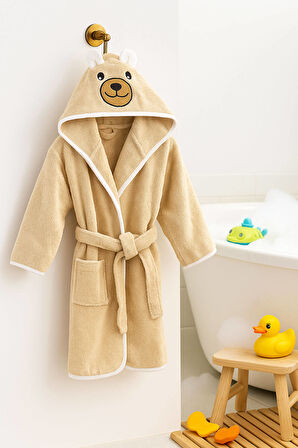 Kapşonlu Hayvan Desenli Çocuk Banyo Deniz Plaj Bornozu %100 Pamuklu 