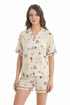 Kadın Düğmeli Kısa Kollu Şortlu Pijama Takımı Cutebear 7518