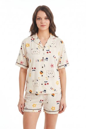 Kadın Düğmeli Kısa Kollu Şortlu Pijama Takımı Cutebear 7518