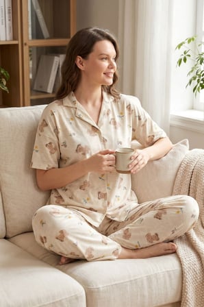 Kadın Düğmeli Kısa Kollu Uzun Alt Pijama Takımı Ayıcık Desenli 7515