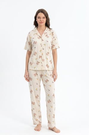 Kadın Düğmeli Kısa Kollu Uzun Alt Pijama Takımı Ayıcık Desenli 7515