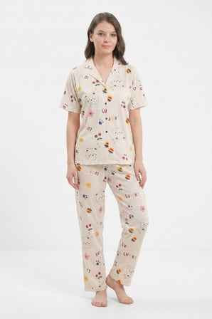 Kadın Düğmeli Kısa Kollu Uzun Alt Pijama Takımı Ayıcık Desenli 7515