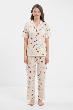 Kadın Düğmeli Kısa Kollu Uzun Alt Pijama Takımı Ayıcık Desenli 7515