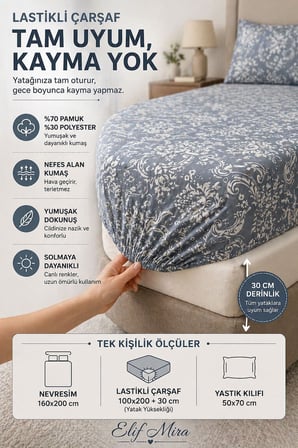 Tek Kişilik Nevresim Takımı Lastikli Çarşaflı Pamuklu Vintage