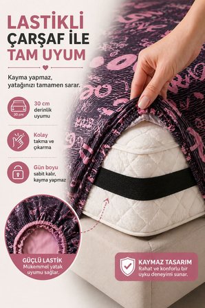 Çift Kişilik Lastikli Çarşaflı Nevresim Takımı  Love Desenli