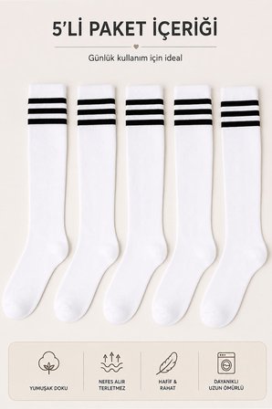 5 Çift Kadın Çizgili Dizaltı Çorap Spor Okul Günlük Pamuklu Kolej Çorabı
