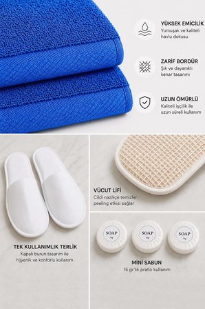 7 Parça Banyo Havlu Seti Mavi - Misafir/Seyahat/Kamp/Outdoor/Plaj