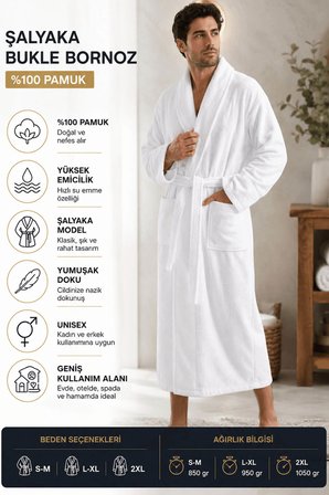 Tek Kişilik Banyo Bornozu %100 Pamuk Şalyaka Bukle Perla Collection