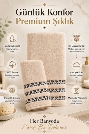 2 Parça Banyo Havlu Seti %100 Pamuk Leopar Deluxe (70x140 Cm + 50x90 Cm)