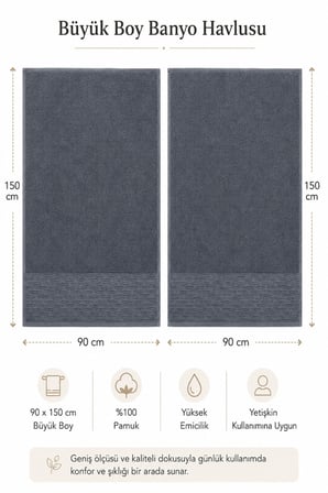 2'li Büyük Boy Banyo Havlusu 90x150 Cm %100 Pamuk Siena Collection 650 Gr