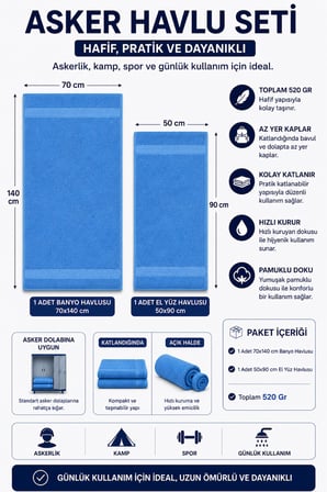 2 Parça Asker Banyo Havlu Seti 70x140 + 50x90 cm Atlas