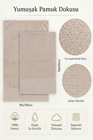 2 Parça Banyo Havlu Seti %100 Pamuk 90x150 + 50x90 Cm Elora Collection