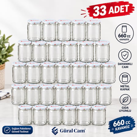 Güral Cam 660 cc Cam Kavanoz Paşabahçe Kapaklı 33 Adet Konserve Yarımlık