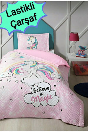 Tek Kişilik Kapitoneli Nevresim Takımı Unicorn Lastikli Çarşaf