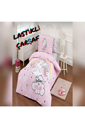 Tek Kişilik ( Çarşafı Lastikli ) Nevresim Takımı Unicorn Pembe