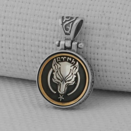 Göktürkce Türk Yazılı Kurt Tasarımlı Ortası Dönen 925 Ayar Gümüş Erkek Kolye Ucu