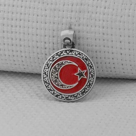 Gravur İşlemeli Küçük Boy Ay Yıldız 925 Ayar Gümüş Erkek Kolye Ucu