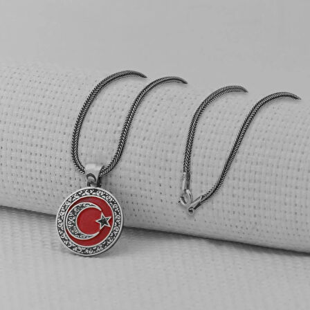 Gravur İşlemeli  Ay Yıldız 925 Ayar Gümüş Erkek Kolye