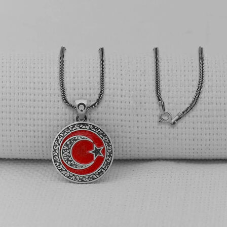 Gravur İşlemeli  Ay Yıldız Orta Boy  925 Ayar Gümüş Erkek Kolye