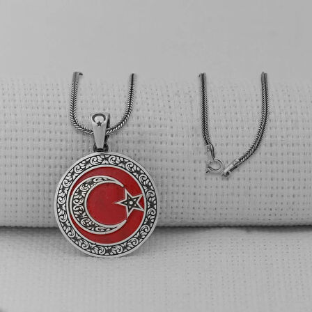 Gravur İşlemeli  Ay Yıldız 925 Ayar Gümüş Erkek Kolye