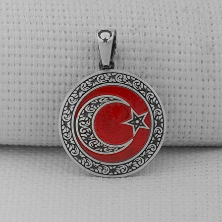 Gravur İşlemeliOrta Boy Ay Yıldız 925 Ayar Gümüş Erkek Kolye Ucu