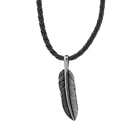 Deri İpli Kuş Tüyü 925 Ayar Gümüş Erkek Kolye