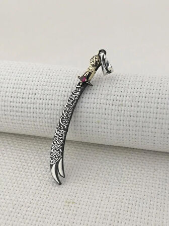 Kırmızı Taşlı La Fetta İlla Ali La Seyfe İlla Zülfikar Yazılı 925 Ayar Gümüş Erkek Kolye Ucu