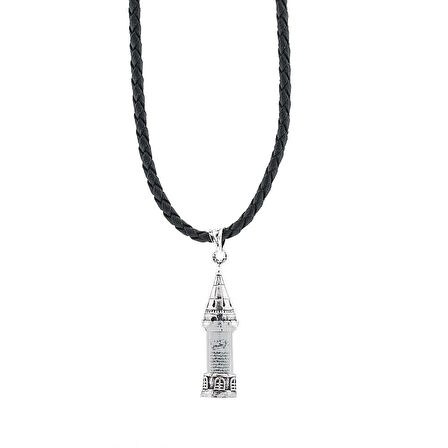 Deri İpli Minare Tasarımlı Cevşen Kebir Dualı 925 Ayar Gümüş Erkek Kolye