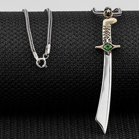 Yeşil Taşlı Mogol Kılıcı Zirkon Taşlı 925 Ayar Gümüş Erkek Kolye