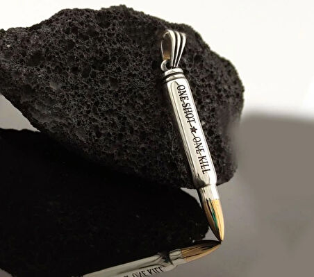 Mermi Tasarımlı One Shot One Kill Yazılı 925 Ayar Gümüş Erkek Kolye Ucu