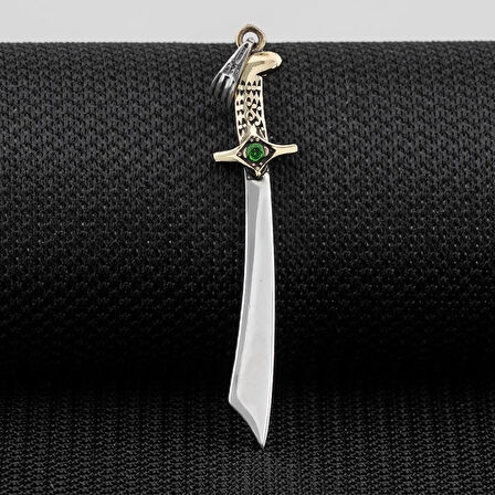 Yeşil Taşlı Mogol Kılıcı Zirkon Taşlı 925 Ayar Gümüş Erkek Kolye