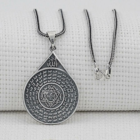 Esmahul Husna Dua İşlemeli Mührü Süleyman 925 Ayar Gümüş Erkek Kolye
