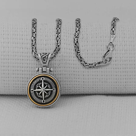 Kral Zincir Pusula Tasarımlı Ortası Dönen 925 Ayar Gümüş Erkek Kolyesi