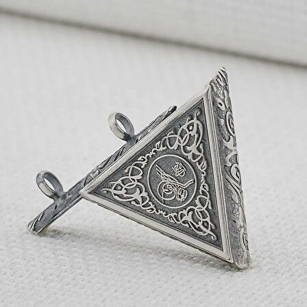 Osmanlı Tuğralı Kalın ZincirliÜçgen Muska Kabi Büyük Boy 925 Ayar Gümüş Erkek Kolye Ucu