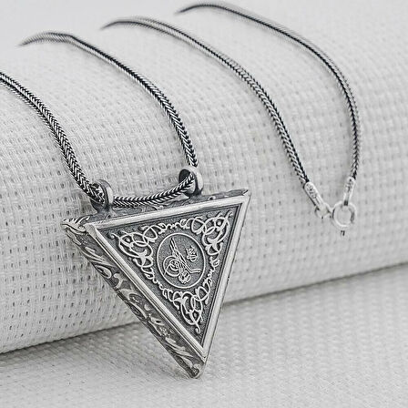 Osmanlı Tuğralı Üçgen Muska Kabi 925 Ayar Gümüş Erkek Kolye