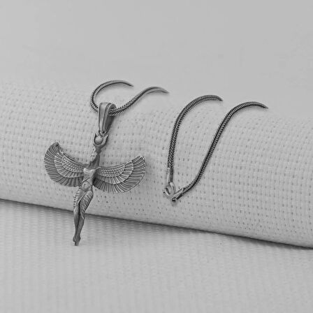 Mısır Antik tanrıcası İsis Figürlü Üç Boyutlu 925 Ayar Gümüş Erkek Kolye