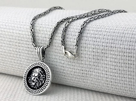 Yuvarlak Aslan Figürlü Kral Zincirli 925 Ayar Gümüş Erkek Kolye