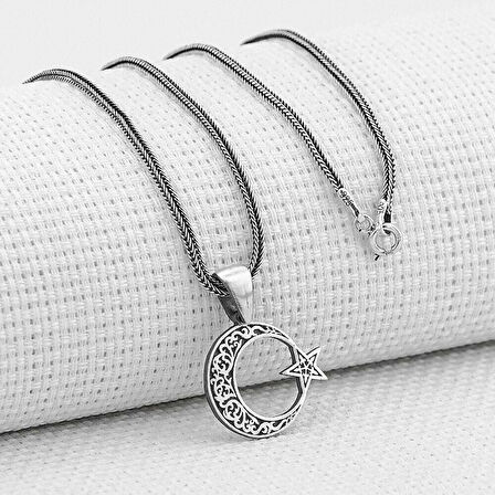 Ay Yıldız Tasarımlı  925 Ayar Gümüş Erkek Kolye