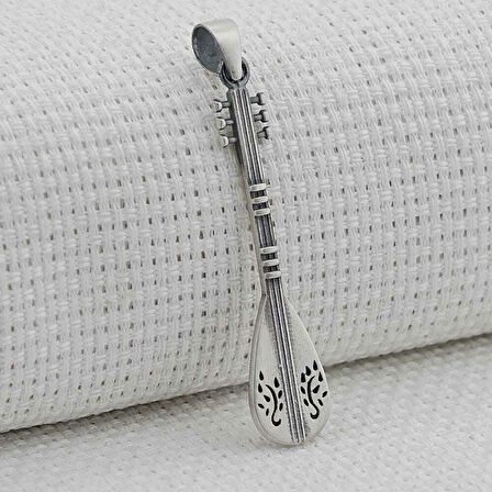 Bağlama Saz Tasarımlı 925 Ayar Gümüş Erkek Kolye  Ucu