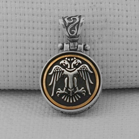 Çift Başlı Kartal  Karal Zincirli Ortası Dönen 925 Ayar Gümüş Erkek Kolye  Ucu