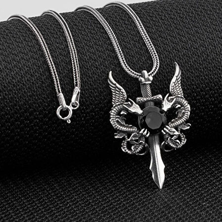 Ejderha Tasarımlı Zirkon Taşlı 925 Ayar Gümüş Erkek Kolye