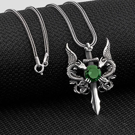 Ejderha Tasarımlı Zirkon Taşlı 925 Ayar Gümüş Erkek Kolye