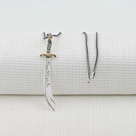 Hz Ali Yazılı Zulfikar Kalın Zincirli 925 Ayar Gümüş Erkek Kolye